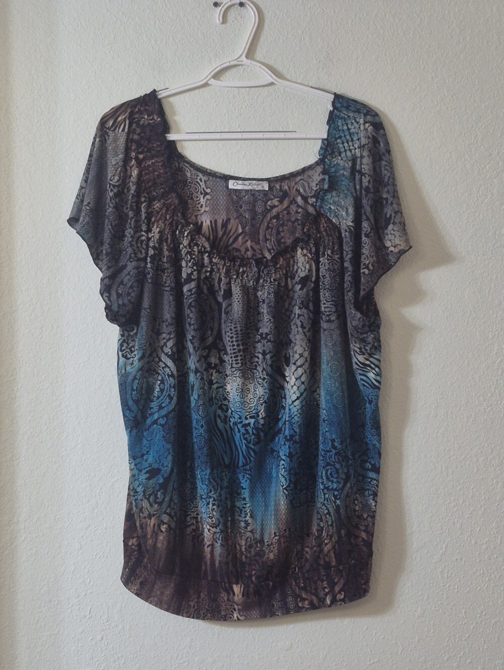 Claudia Richard Teal and Brown Printed Scoop Neck Blouse